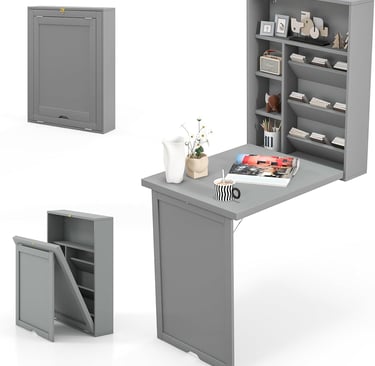 Foldable Wall Mounted Floating Desk with Storage Shelves & Hooks, Dorm Table