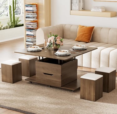 Lift-Top Convertible Coffee Table with Hidden Storage with 4 Stools, Casters, and Lockable Wheels