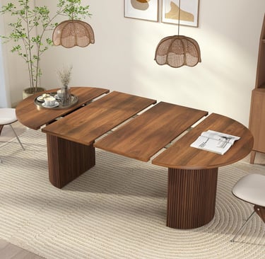 Extendable Mid-Centry Modern Dining Room Table with Fluted Base