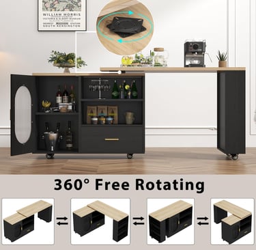 360° Swivel Rolling Kitchen Island with Seating, Storage Cabinet, Drawer & Shelves