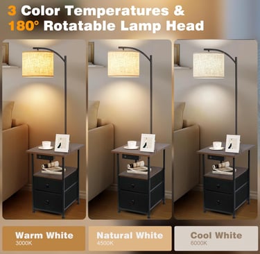 Side Table with Floor Lamp, 2 Drawers, Charging Ports for Living Room and Bed Room