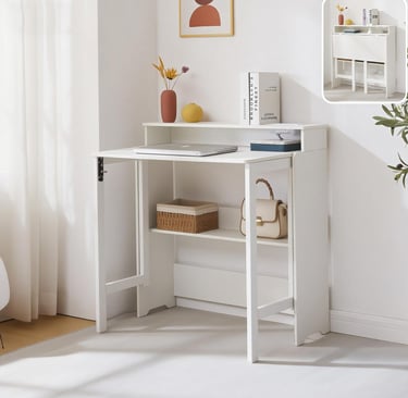 Fold Out Desk with Power Outlets, Small Foldable Table with Storage Shelf