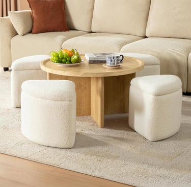 Mid-Century Modern Coffee Table with 4 Chenille Ottomans Underneath
