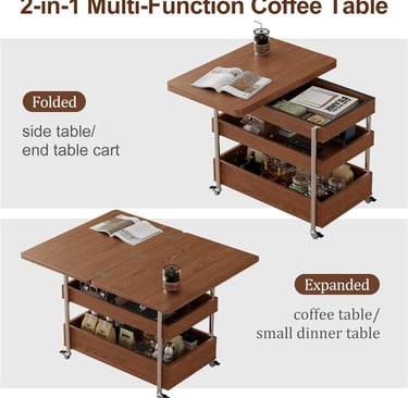 3-in-1 Multi-Function Coffee Dining Table on Wheels, Extendable Center Table with Storage