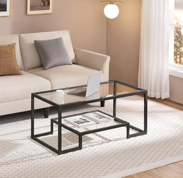 Tempered Glass Coffee Table, Modern Simple Center Tables w/Geometric-Inspired Design & Metal-Frame