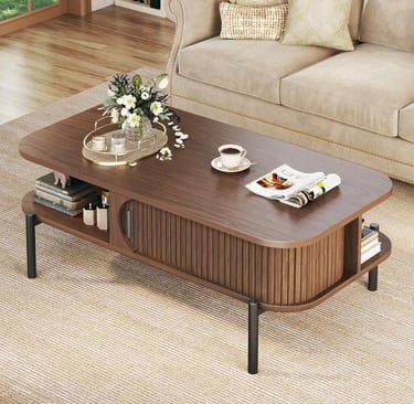 Mid Century Modern Coffee Tables for Living Room, Coffee Table with Storage Open Shelf, Fluted Table
