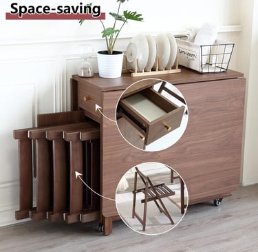 Extendable Drop Leaf Space Saving Dining Table with 2 Drawers and 4 Wheels for Living Room Kitchen