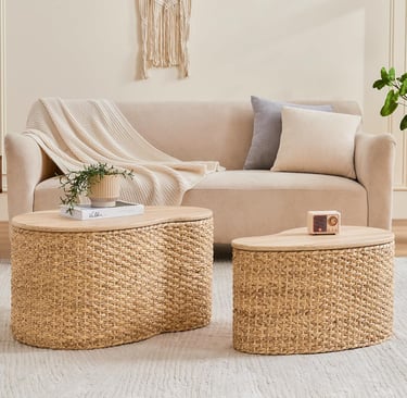 ustic Round Coffee Table with Side Tables, Hand-Woven Exterior with Rubber Cushion Base
