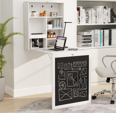 Foldable Floating Wall-Mounted Desk with Chalkboard, Storage Shelves & Hooks