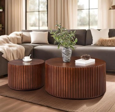 Round Wood Coffee Table Set of 2