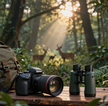 A content creator filming a vlog with a rented camera, with lush green forest as the backdrop.