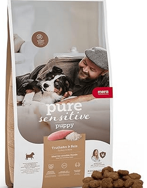 Mera Pure Sensitive Puppy food bag with turkey and rice for young dogs with food sensitivities.