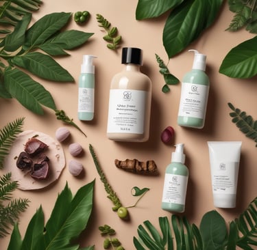 Elegant skincare bottles with fresh green leaves in soft natural light.