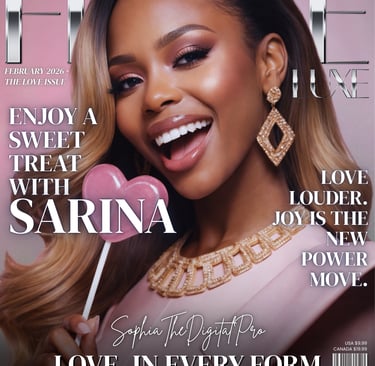 FIERCE LUXE collection — bold editorial AI fashion portrait of a Black woman in luxury digital coutu