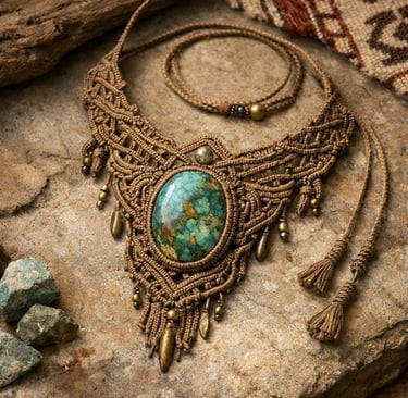 Collar llamativo de macramé hecho a mano que presenta una gran piedra preciosa turquesa ovalada 
