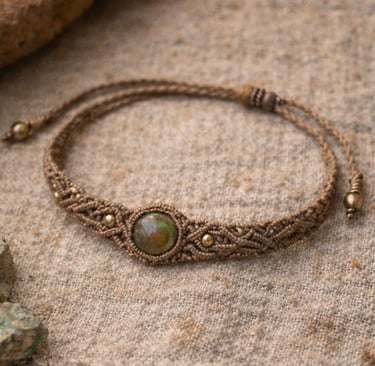 Pulsera de macramé marrón hecha a mano con una pieza central de piedra preciosa verde y detalles de 