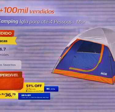 Barraca de camping Iglu Mor azul e laranja para 4 pessoas em oferta promocional.