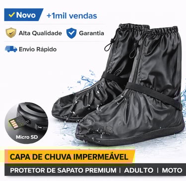 Black waterproof shoe covers for motorcycle riders with non-slip soles and adjustable drawstring.
