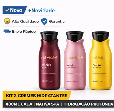 Kit de 3 cremes hidratantes Nativa SPA Ameixa, Rosé e Caviar de 400ml para hidratação profunda da pele.