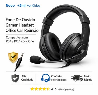 Black gamer headset with microphone for office calls, compatible with PS4, PC, and Xbox One.