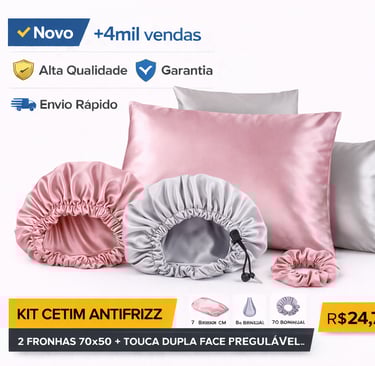 Kit de cetim antifrizz com fronhas, touca dupla face e scrunchie rosa e cinza para cuidados capilares.