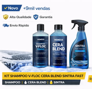 Kit Vonixx featuring V-Floc car shampoo, Cera Blend wax, and Sintra Fast interior cleaner for professional car detailing.