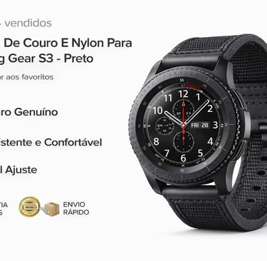 Black leather and nylon watch strap for Samsung Gear S3 smartwatch on a dark watch face.