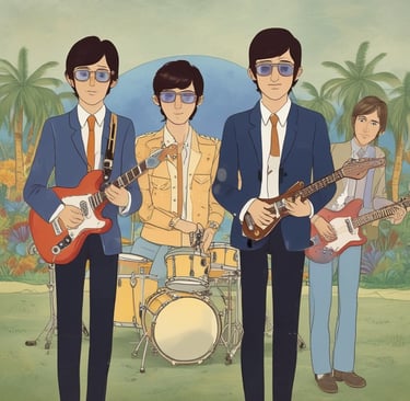 Black and white photo of The Beatles performing live on stage during the 1960s.