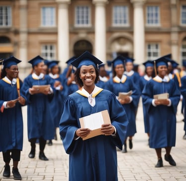 A group of diverse students celebrating their scholarship awards together outdoors.