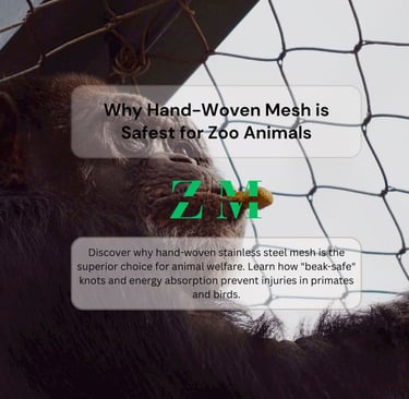 A primate behind hand-woven stainless steel mesh, demonstrating safe zoo enclosure netting for animal welfare.