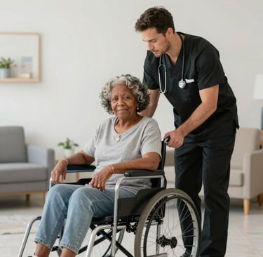 black senior woman getting help by black man lpn 