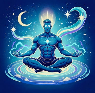 image d'un magnétisuer en lévitation avec des energie autours de lui / le loup et le hibou