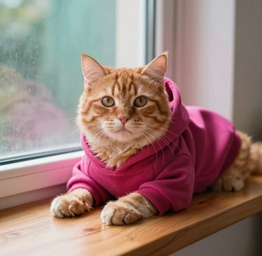Adorable orange tabby cat wearing a pink hooded sweatshirt while sitting on a wooden window sill.