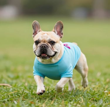 A cream-colored French Bulldog wearing a blue dog shirt runs through green grass in a park.