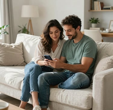 A candid photograph of a couple sitting on a modern linen sofa in a sun-drenched North American living room. They are looking at a smartphone together with gentle smiles, expressing mutual interest. Natural lighting, palette of white, sand, and teal.