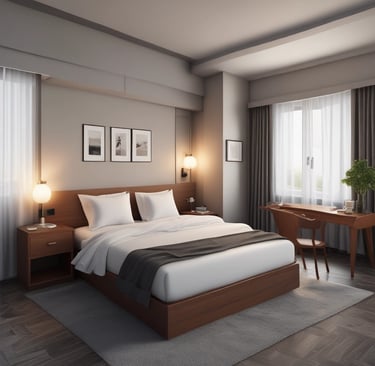 A cozy, sunlit hotel room with modern decor and a large window overlooking a bustling cityscape.