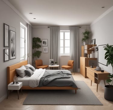 A cozy, sunlit hotel room with modern decor and a large window overlooking a bustling cityscape.