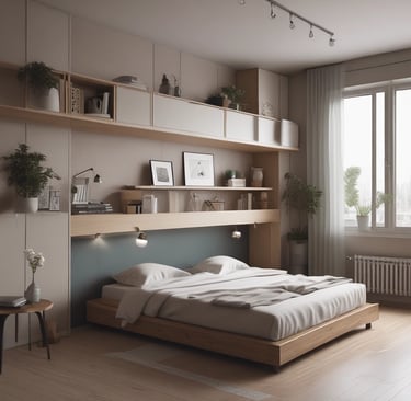 A cozy, sunlit hotel room with modern decor and a large window overlooking a bustling cityscape.