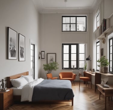 A cozy, sunlit hotel room with modern decor and a large window overlooking a bustling cityscape.