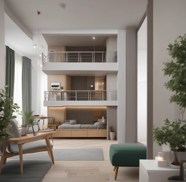 A cozy, sunlit hotel room with modern decor and a large window overlooking a bustling cityscape.