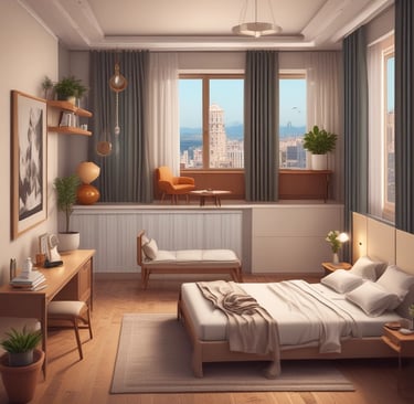 A cozy, sunlit hotel room with modern decor and a large window overlooking a bustling cityscape.