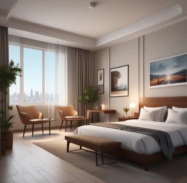 A cozy, sunlit hotel room with modern decor and a large window overlooking a bustling cityscape.