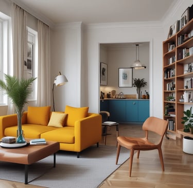 A cozy, sunlit hotel room with modern decor and a large window overlooking a bustling cityscape.