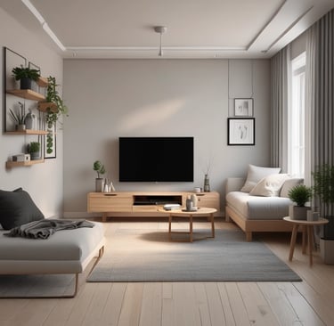 A cozy, sunlit hotel room with modern decor and a large window overlooking a bustling cityscape.