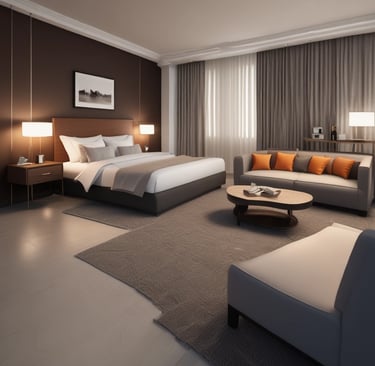 A cozy, sunlit hotel room with modern decor and a large window overlooking a bustling cityscape.