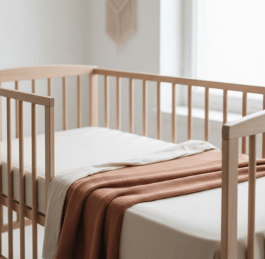 Veilig en kort opgemaakt babybedje met biologisch beddengoed in beige en terracotta
