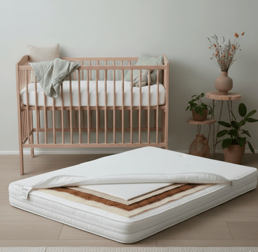 Het prolana matras natuurlatex en kokos in een lichte babykamer