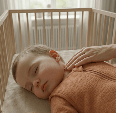 Hand checkt baby's nektemperatuur in veilig, laag bedje met wollen slaapzak, focus op teder moment.