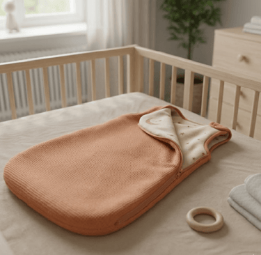 Veilig slapen baby in wollen slaapzak terracotta