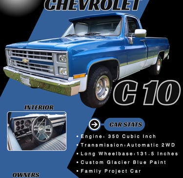 a blue and white chevrolet truck with a chevrolet logo